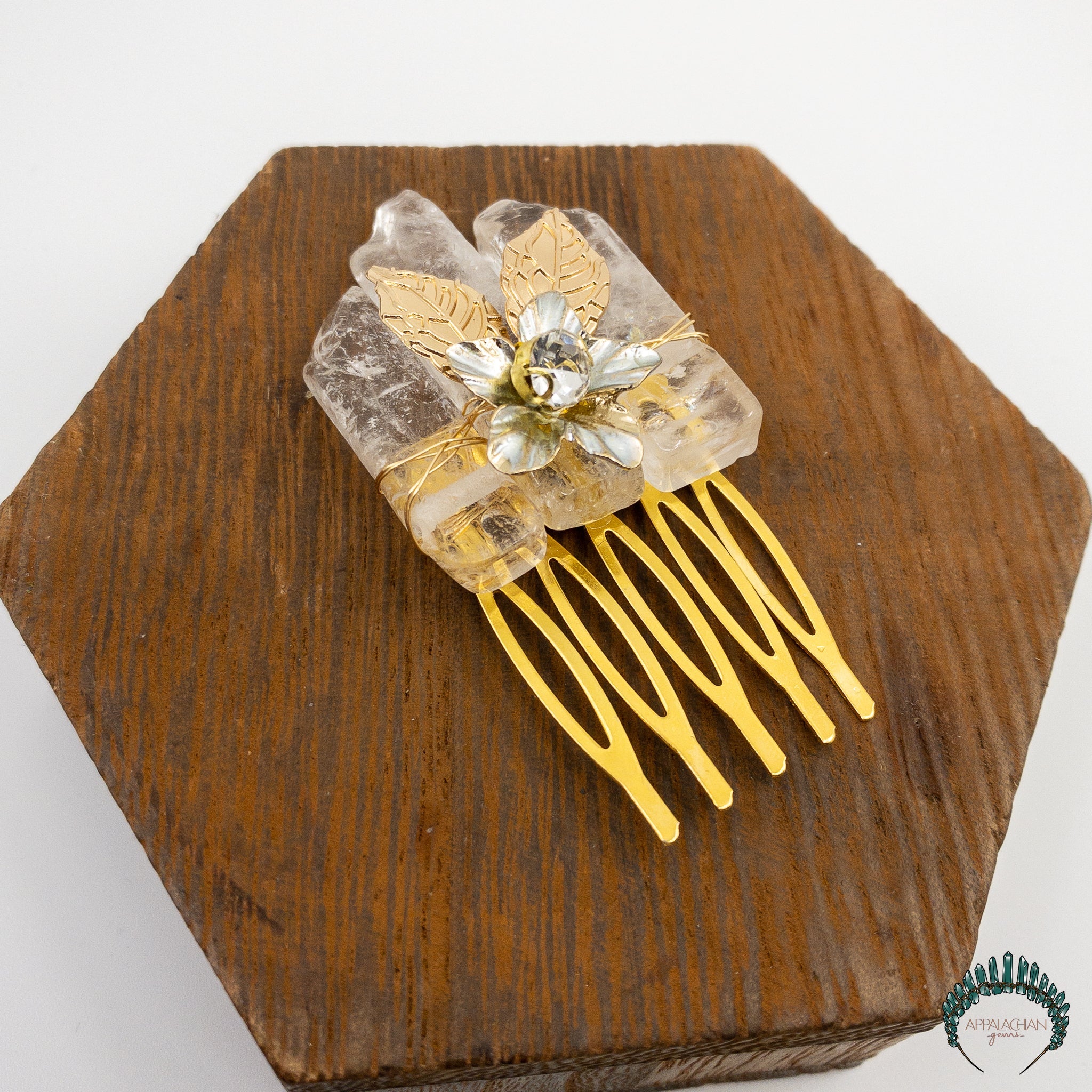 Clear Quartz Gold Floral Comb (Small) - Appalachian Gems
